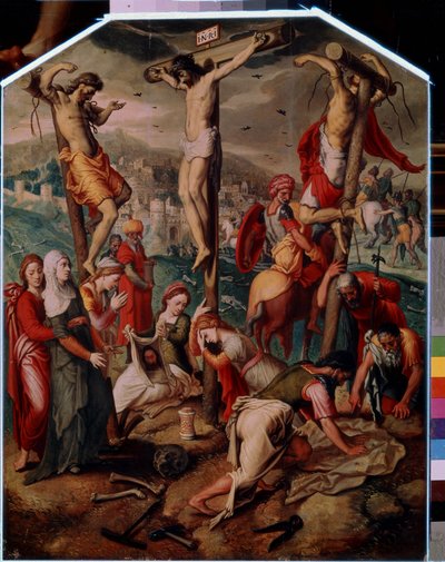 Calvário (Calvário). No Gólgota, Jesus Cristo é crucificado com os outros dois condenados à morte. Ele leva o sinal INRI (I.N.R.I.) na cruz. Ao pé da cruz, Santa Maria Madalena chora pela morte de Jesus, a sua garrafa é entornada no chão. Santa Verónica de Pieter I Pietersz