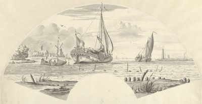 Vista de alguns barcos sobre a água e de um moinho de vento perto de uma igreja de Pieter Idserts