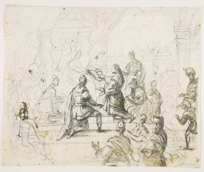 Figuras ajoelhadas diante do rei no trono de Pieter Isaacsz