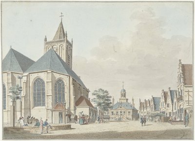A praça do mercado em Vlaardingen com a igreja e a câmara municipal de Pieter Jan van Liender