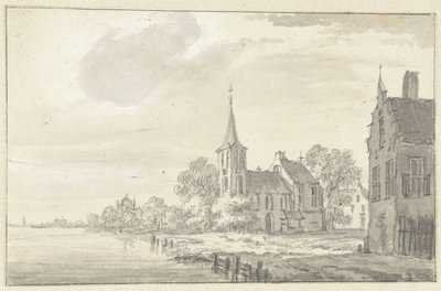 Igreja da vila e casas por um rio de Pieter Jan van Liender