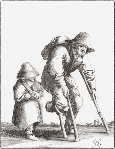 Mendigo aleijado com criança (gravura) de Pieter Jansz (after) Quast