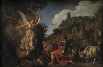 O anjo Raphael se despede do velho Tobit e de seu filho Tobias de Pieter Lastman