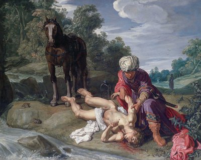 O bom samaritano que trata das feridas do viajante (Lucas 10,25-37) de Pieter Lastman