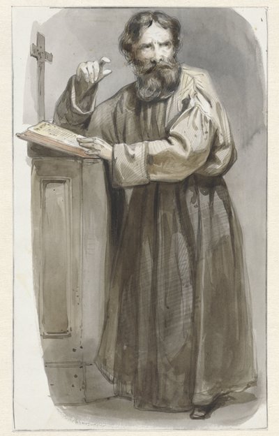 Clérigo de pé na tribuna com crucifixo e Bíblia de Pieter Marinus van de Laar (attributed to)