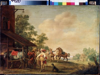 Forja (Uma Forja). Um ferrador (farrier) colocando uma ferradura. Pintura de Pieter Meulenaer (Peter ou Pierre de Pieter Meulener
