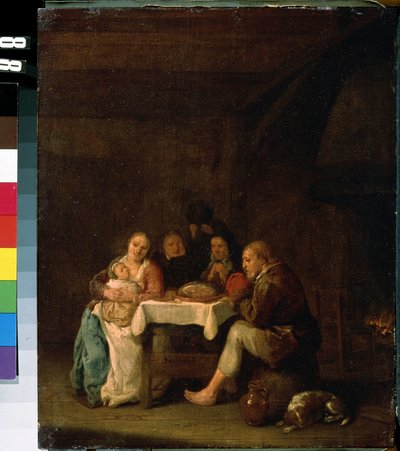 "A Oração antes do Jantar" O momento da bênção na refeição de uma família holandesa de meios modestos. Pintura de Peeter Meulenaer (1602-1654) Museu de Arte Mikhail Kroshitsky, Sevastopol (Sebastopol) Ukr de Pieter Molenaer