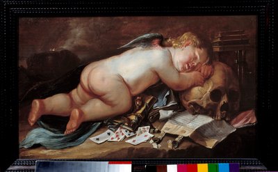 Adoro dormir sobre a cabeça de uma morte. Pintura (Vanite) de Pieter Moninckx (1606 - 1686) Ec. Flam. de Pieter Moninckx