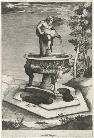 Fonte com Silenus nos jardins do Palazzo Cesi no Vaticano de Pieter Perret
