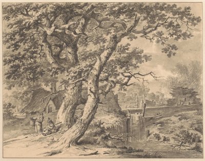Paisagem com uma cachoeira sob duas grandes árvores de Pieter Pietersz. Barbiers
