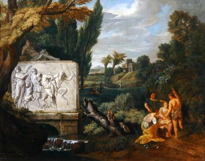Uma paisagem clássica com donzelas dançando por um sarcófago representando o Triunfo do Silenus (óleo sobre tela) de Pieter Rysbrack