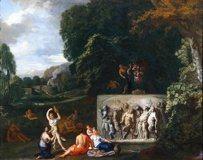 Uma paisagem clássica com donzelas dançando por um sarcófago representando o Triunfo do Silenus (óleo sobre tela) de Pieter Rysbrack