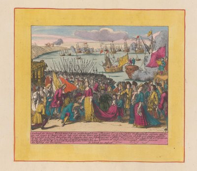 Chegada da princesa Elisabeth Christine de Wolfenbüttel em Mutaro, 1708 Chegada da Princesa Elizabeth de Wolfenbuttel Rainha da Espanha (...) (título no objeto) Teatro da Guerra, Começo do Rei Carlos II. Até o rei Karel de I de Pieter Schenk (I)