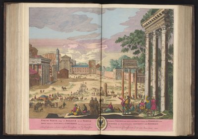 O Fórum Romano em Roma Fórum Nerva, imp e Boarium nele o Templo de Júpiter Estator Saturno, e Concord (...) (título no objeto) de Pieter Schenk (I)