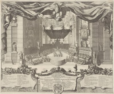Gezicht in de Sint-Pietersbasiliek Um teatro representando os crimes que acontecem no Templo de São Pedro na cidade de Roma (título no objeto) de Pieter Schenk (I)