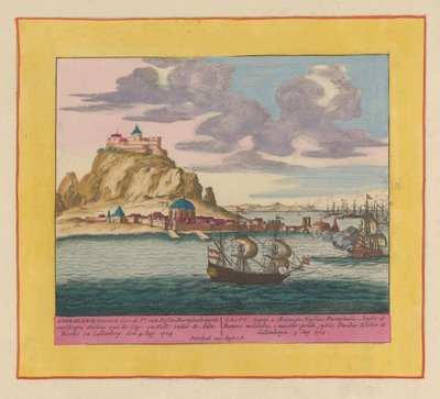 Captura de Gibraltar por uma frota anglo-neerlandesa, 1704
Gibraltar capturado pelo Pr. de Hesse Darmstadt, com a milícia desembarcada do Eng : e Holl : sob a Adm : Rooke e Callenberg em 4 de Agosto : 1704 (...) (título sobre o objecto)
Teatro de Pieter Schenk (I)