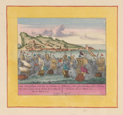 Batalha Naval em Gibraltar, 1705
Ponty sendo batido, na baey of Gibraltar (sie dese in de voorige) das frotas dos Aliados, em 20 de Março de 1705 (título sobre o objecto)
Teatro de Guerra, a começar pelo Rei Carlos II. Até ao Rei Carlos o de Pieter Schenk (I)