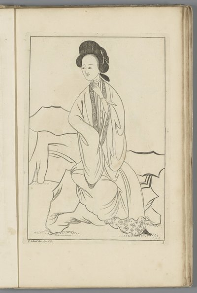 Mulher chinesa com a mão direita na manga do quimono Mulheres chinesas, flores e pássaros (título da série) de Pieter Schenk (II) (possibly)