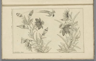 Dois arbustos de flores e uma andorinha Flores e pássaros chineses (título da série) de Pieter Schenk (II)