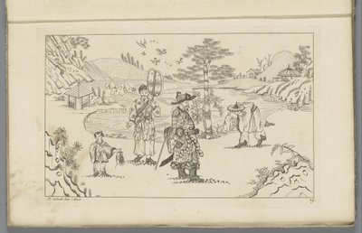 Quatro figuras chinesas em uma paisagem Novo Sineesen inventariado desenhado com grande detalhe e publicado em 