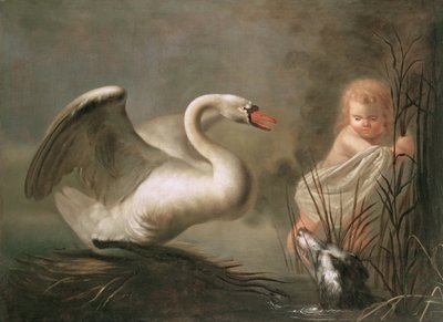 Um cisne guardando seu ninho de uma criança e um spaniel de Pieter Snyers