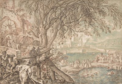 Caçadores e companhia observando cães recuperando patos em uma lagoa O mês de abril, c1610-20. de Pieter Stevens