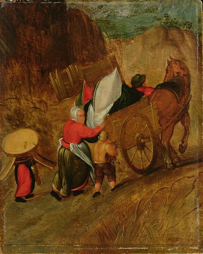 Paisagem, camponeses, cavalo e carroça, início do século XVII (óleo sobre painel) de Pieter Stevens