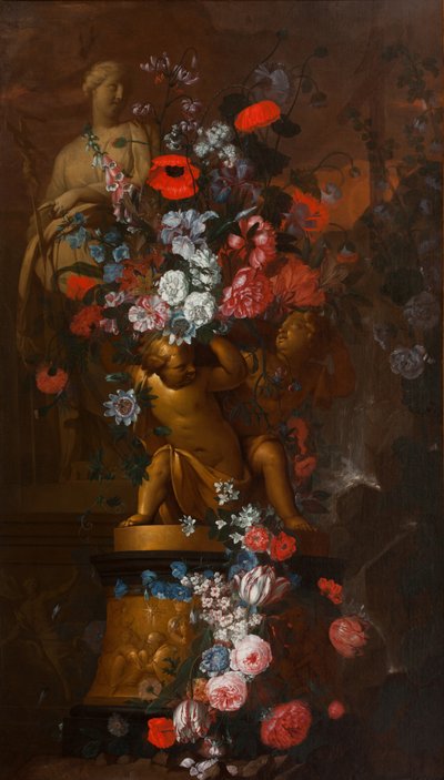 Flores em cascata com esculturas de uma santa e de um putti dourado sobre uma base com um presépio num jardim ao crepúsculo, c.1690-1750 (óleo sobre tela) de Pieter & Terwesten Mattheus (1670-1757) Hardime