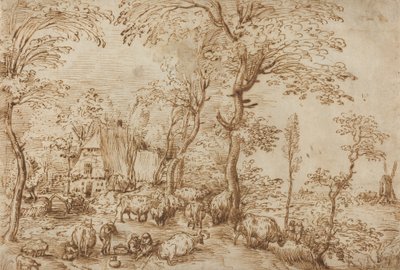 Camponeses e gado perto de uma fazenda, c.1553-54 (caneta e tinta marrom no papel) de Pieter Bruegel the Elder