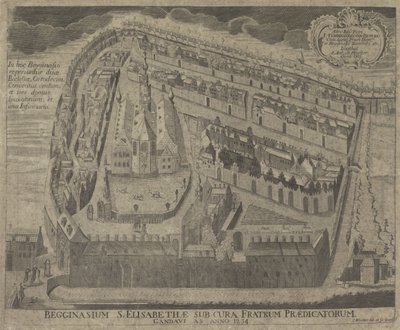 Gezicht op het Sint-Elisabethbegijnhof em Sint-Elisabethkerk te Gent Begginasium de St. Elisabeth sob os cuidados dos Irmãos Pregadores de Ghent desde o ano de 1234 (título no objeto) de Pieter Wauters