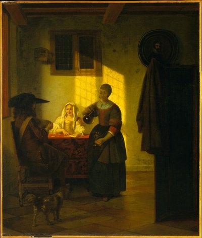 Um casal a jogar às cartas, com uma criada de Pieter de Hooch