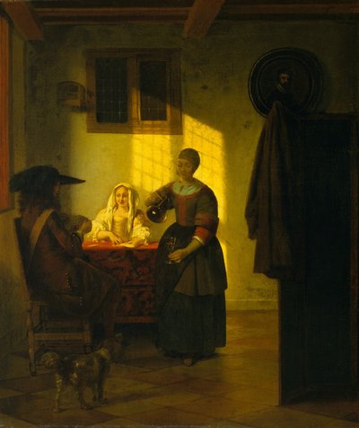 Um par de cartas de baralho, com uma criada, ca. 1665-75. de Pieter de Hooch