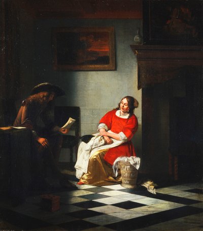 Um cavalheiro lendo uma carta para sua esposa de Pieter de Hooch