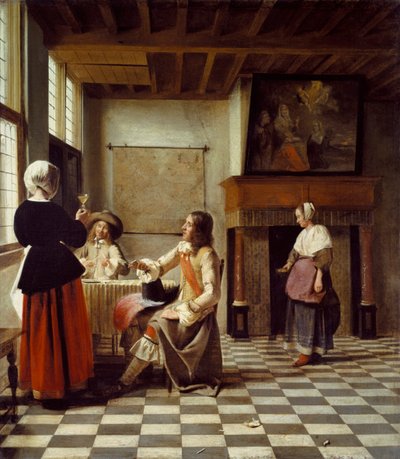 Um interior, com uma mulher bebendo com dois homens e uma criada de Pieter de Hooch
