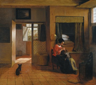 Quarto interno com uma mãe limpando o cabelo de seu filho, conhecido como &39;Trabalho da Mãe&39; de Pieter de Hooch