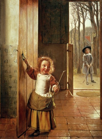 Crianças em uma entrada com varas &39;Golf&39;, c.1658-60 de Pieter de Hooch