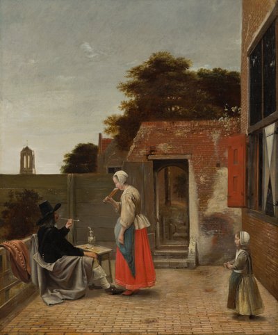 Pátio com um homem a fumar e uma mulher a beber de Pieter de Hooch