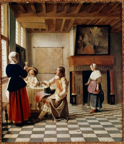 Dutch Interieur. Uma mulher bebe com dois homens de mesa (óleo sobre tela, cerca de 1658) de Pieter de Hooch