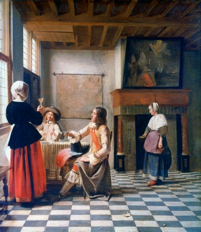 Interior, mulher bebendo com dois homens e uma criada, c1658 de Pieter de Hooch