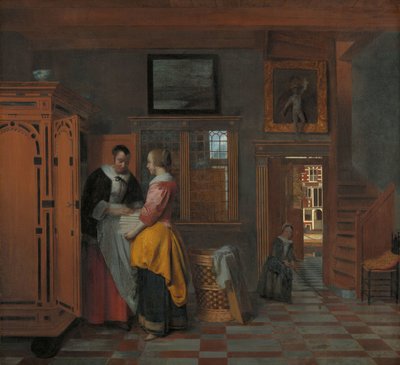 Interior com mulheres ao lado de um armário de linho Interior com mulheres ao lado de um baú de linho de Pieter de Hooch