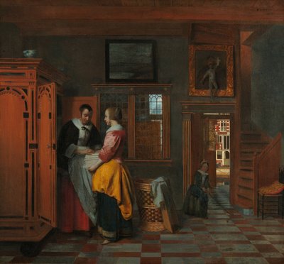 Interior com mulheres ao lado de um armário de linho de Pieter de Hooch