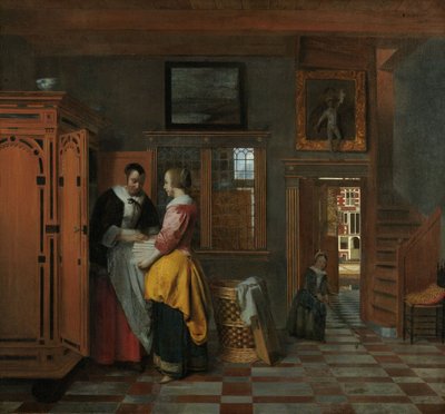 Interior com mulheres ao lado de um armário de linho, 1663 de Pieter de Hooch
