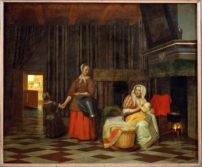 Interior com a mãe a alimentar o filho e uma criada (óleo sobre tela) de Pieter de Hooch