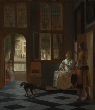 Homem entregando uma carta a uma mulher no hall de entrada de uma casa de Pieter de Hooch