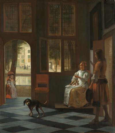 Homem, entregar, um, carta, para, um, mulher, em, a, corredor entrada, de, um, casa, 1670 de Pieter de Hooch