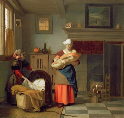 Nursemaid com o bebê em um interior e uma jovem garota preparando o berço de Pieter de Hooch