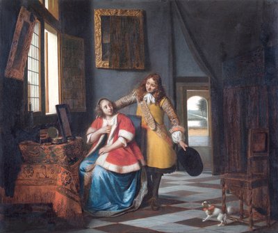 O Intruso: Uma senhora na sua casa de banho, surpreendida pelo seu amante de Pieter de Hooch