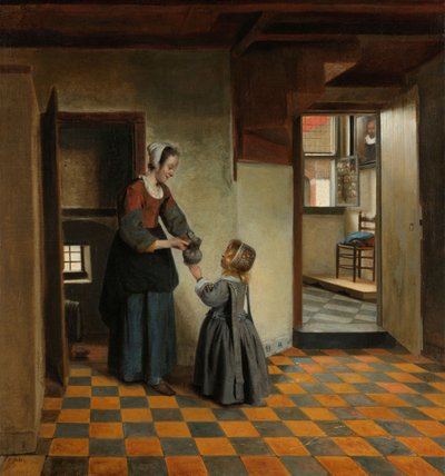 Mulher com uma criança na despensa, c.1656-60 (óleo sobre tela) de Pieter de Hooch