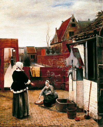 a mulher e a sua criada num tribunal de Pieter de Hooch