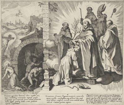 Santa Catarina reza / Visão de Santa Catarina / Santa Catarina torna-se Dominicana
Cenas da vida e milagres de Santa Catarina de Siena (título da série)
Vita mors gesta, et miracula quaedam selecta B. CATHERINAE SENENSIS (...) (título da série) de Pieter de Jode (I)